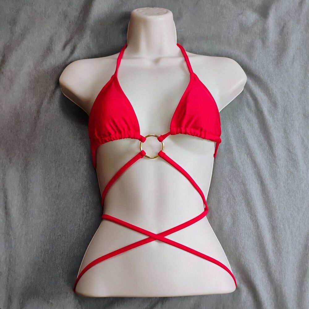 Red Multi-Way Wrap Bikini Top Gold O-Ring Size Small Strappy Sexy Festival Swim
